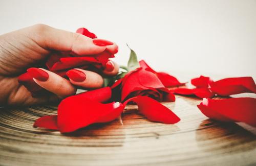 Hand mit Rosenblätter